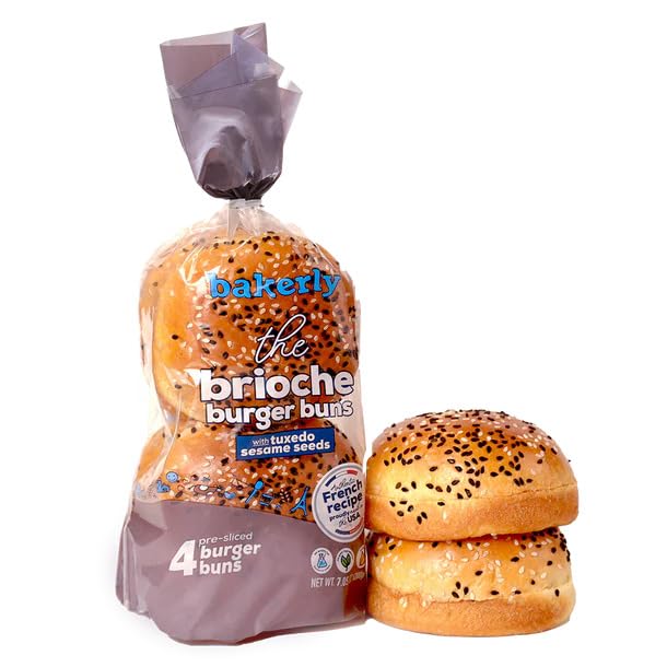 Bakerly, The Brioche Pre-Sliced Burger Buns With Tuxedo Sesame Seeds, Pack of 2, 4-Count (8 Total Brioche Burger Buns)