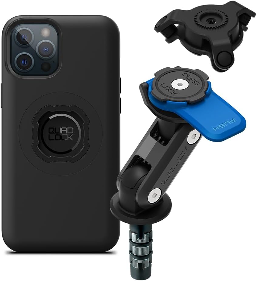 Quad Lock Motorcycle Fork Stem Phone Mount Kit with Vibration Dampener and iPhone 12 Pro Max MAG Case