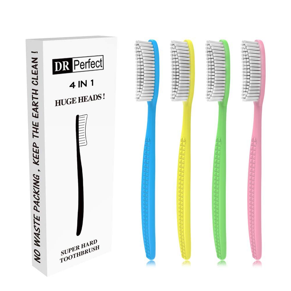DR PERFECT Extra Hard & Firm Toothbrush Large Long Head Whitening Teeth Pack of 4