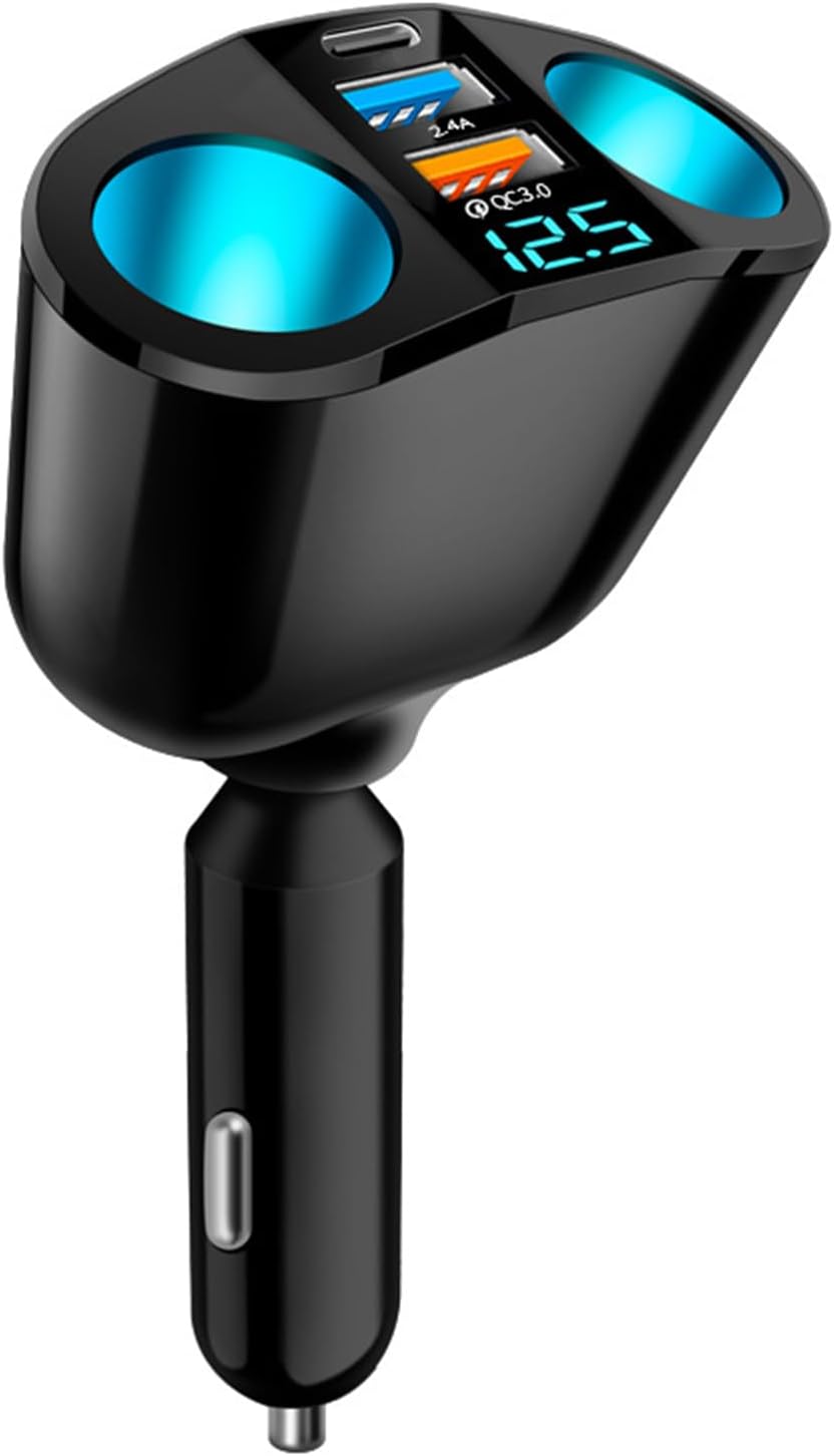 Car Charging 12V-24V Double USB & USB C LED Display Charging Adapter 360 Degree Rotation Vehicles Socket Adapter