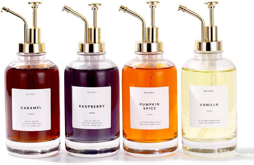 Molimoli Coffee Syrup Dispenser Set, Glass Bottles with Pump, Maple & Coffee Flavors, Gold, 4 Pack with Labels