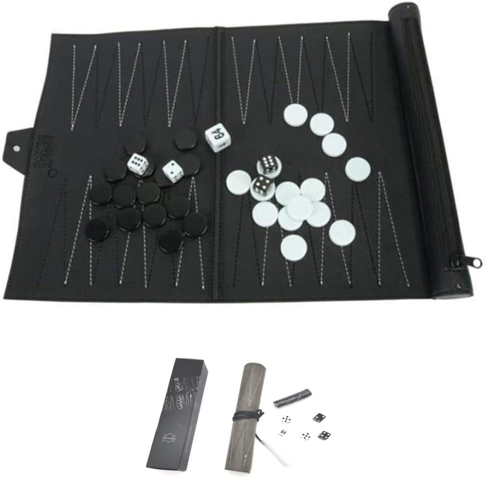 TourKing Travel Backgammon Set Chess Leather Roll Up Suede Board Game for 2 Players, Ages 8+