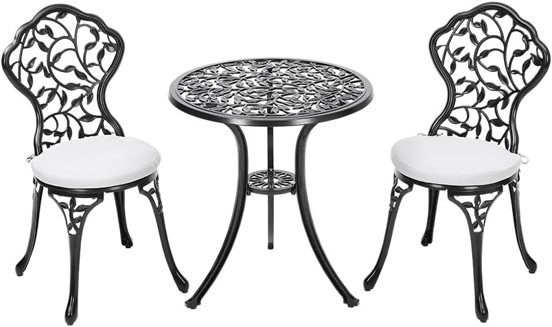 Warmiehomy 3 Piece Cast Aluminium Patio Bistro Set with Parasol Hole & Shelf, Black Outdoor Table and 2 Chairs with Grey Cushions, Weatherproof Metal Garden Furniture for Balcony, Yard, Terrace
