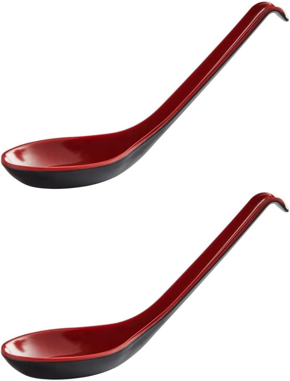 2 Pack - Red and Black 6.5-inch Asian Soup Spoon with Hook– Fuji Chinese Japanese Korean Style Spoon, Perfect for Melamine Won Ton Rice Pho Soba & Ramen Noodle Soups
