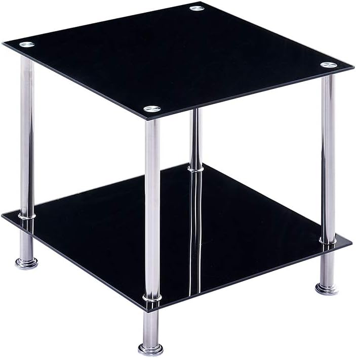 NICEME 2-Tier Glass Small Side Table, Square Coffee Centre End Table for Living Room, Hallway, Reception (Black)