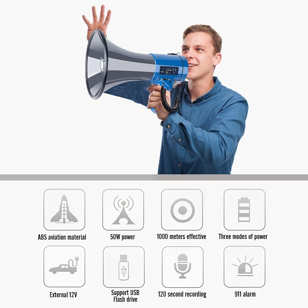 MyMealivos Megaphone with Siren Bullhorn 50 Watt Bullhorn Speaker with Detachable Microphone, Portable Lightweight Strap & 3.5mm Aux Input