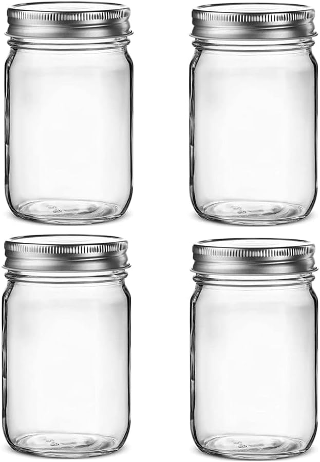 4 pack Glass Regular Mouth Mason Jars, Clear Glass Jars with Silver Metal Lids for Sealing, Food Storage, Overnight Oats, Dry Food, Snacks, Candies, DIY Projects (16 oz