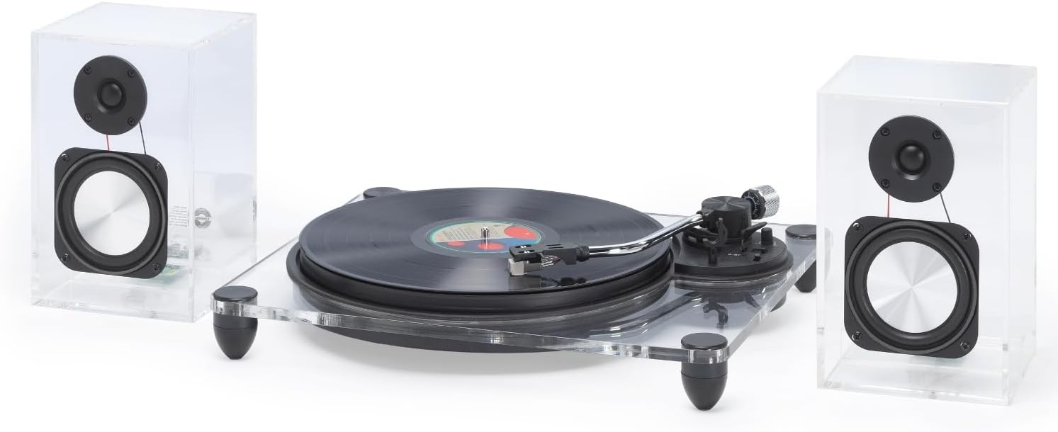 Steepletone Soho Clear Acrylic Vinyl Record Player, with Wireless Speakers 2 speed turntable with Counter Weight & AT-3600L Cartridge