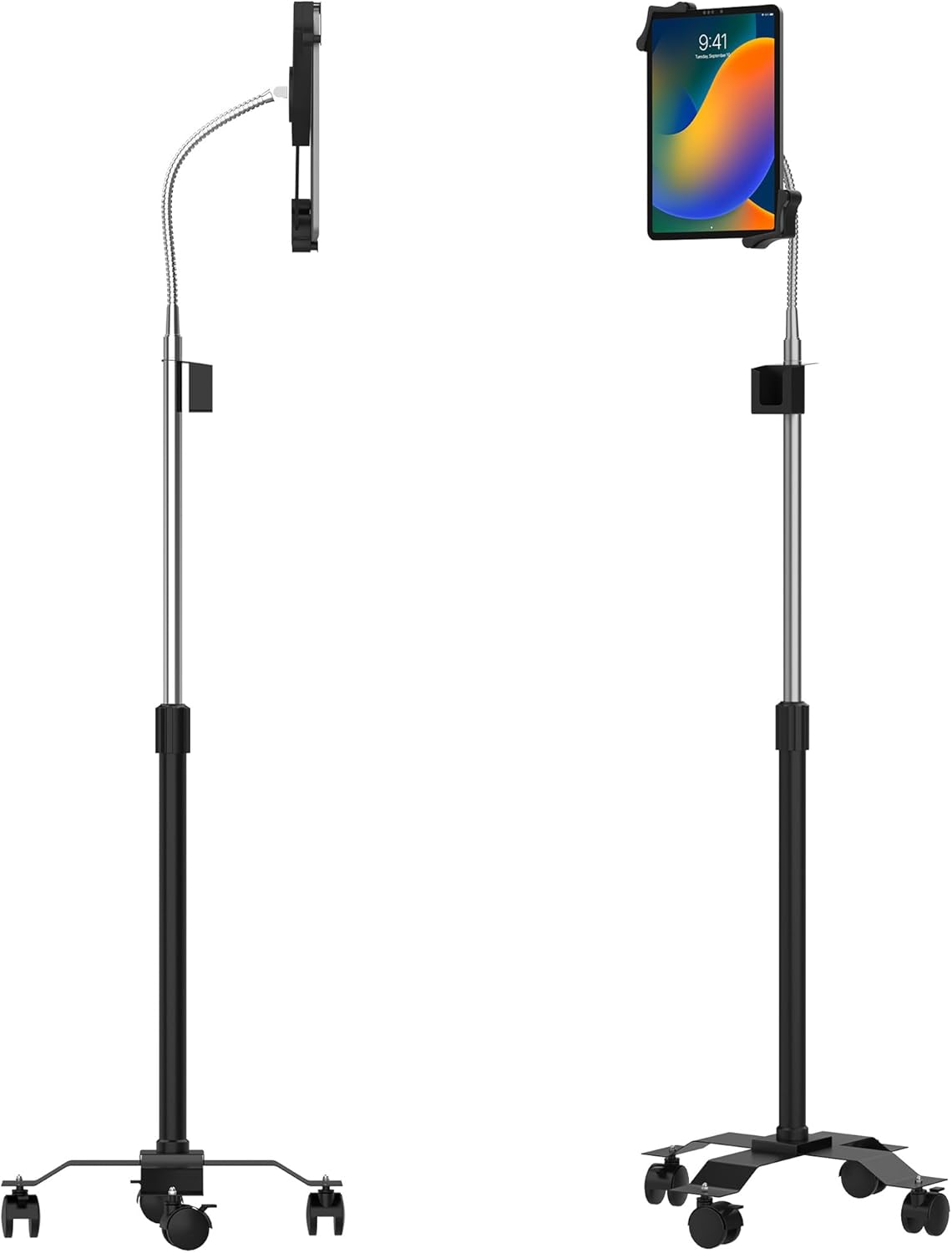 Gooseneck Floor Stand – CTA’s Compact, Adjustable Gooseneck with Swivel Casters for iPad 7th/ 8th/ 9th Gen 10.2”, iPad Air 4, 12.9”, Surface Pro, Zebra & Other 7-13” Tablets (PAD-CGS)