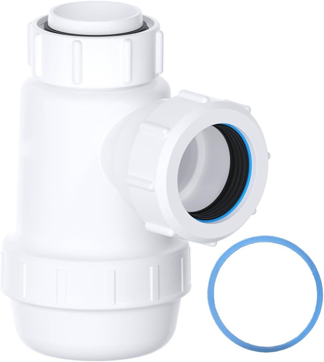 PlumbEZ Shallow Bottle Trap 32mm 1-1/4" with Anti-Slip Ring, Space Saving 38mm Seal Kitchen Sink Waste Kit, BS EN2574-1 Compliant Urinal Bottle Sink Trap.