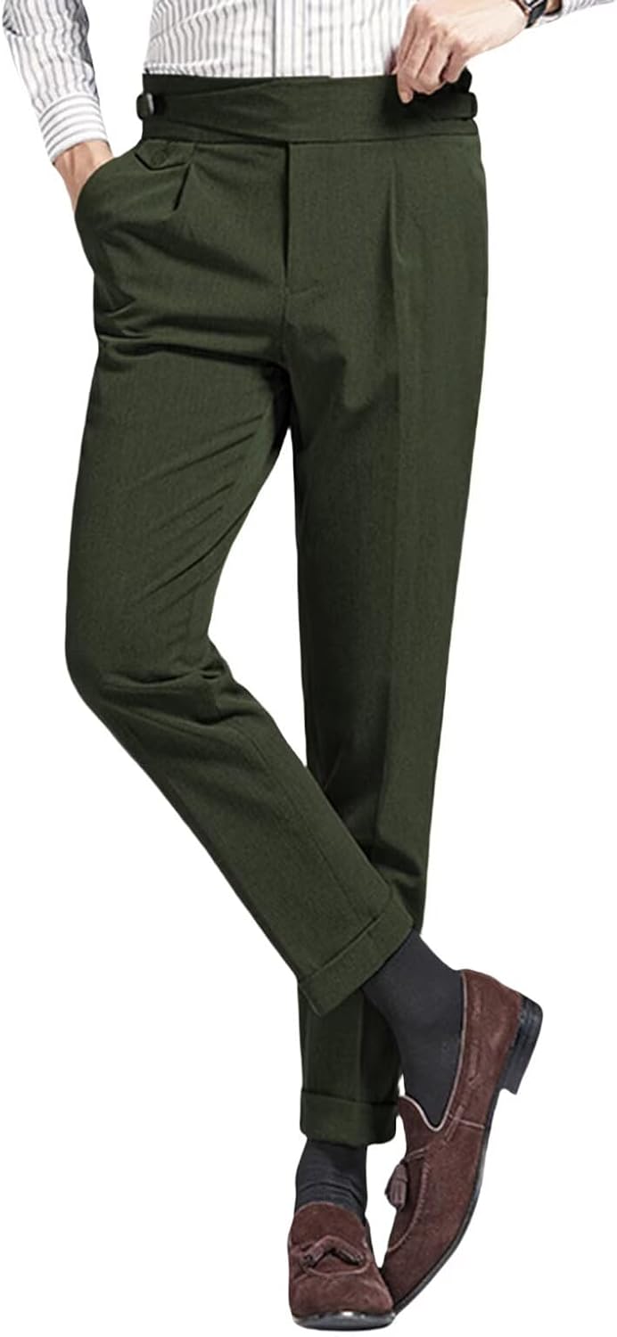 Men’s Linen Casual Dress Pants Pleat Front Work Business Suit Pants Regular Fit Trouser Elastic Waist Slacks