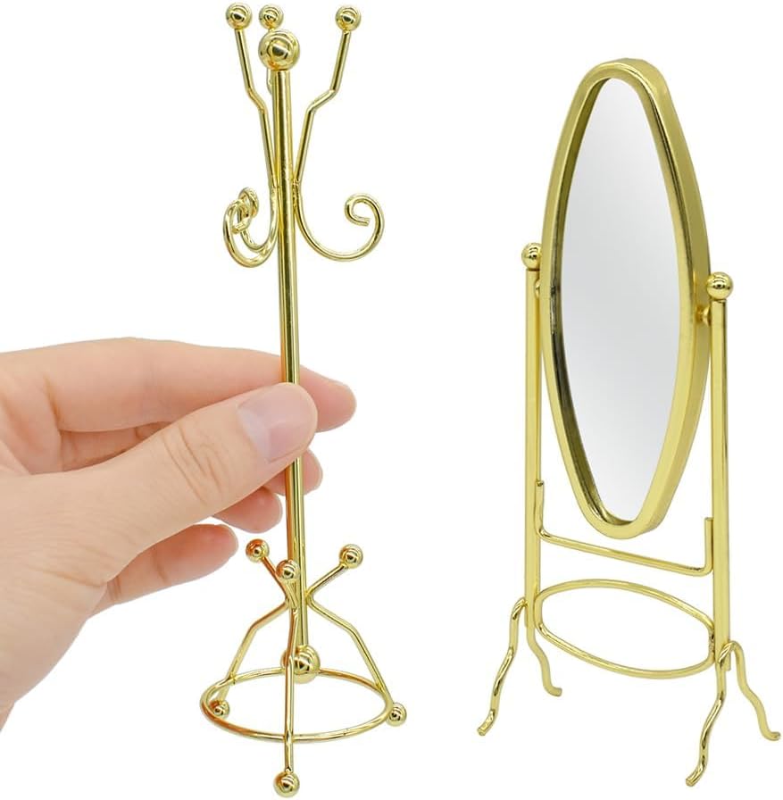 iLAND Dollhouse Furniture and Accessories on 1:12 Scale, Miniature Coat Rack & Full Mirror (Golden Color)