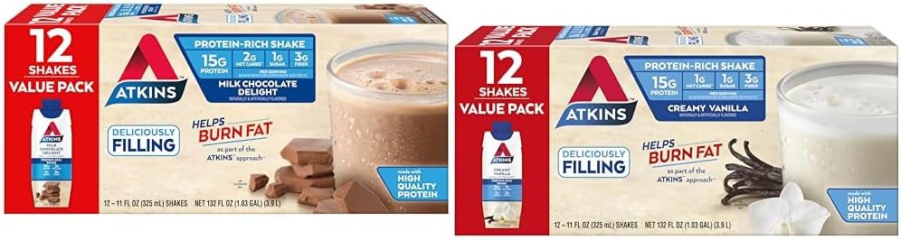 Atkins Milk Chocolate Delight Protein Shake, 15g Protein, Low Glycemic, 2g Net Carb, 1g Sugar & Creamy Vanilla Protein Shake, 15g Protein, Low Glycemic, 2g Net Carb, 1g Sugar, Keto Friendly