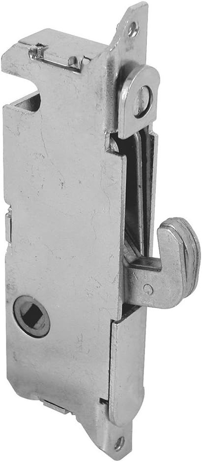 Prime-Line E 2199 Stainless Steel Mortise Lock - Adjustable, Spring-Loaded Hook Latch for Sliding Patio Doors Made of Wood, Aluminum & Vinyl, 3-11/16”, 45 Degree Keyway, Round Face (Single Pack)