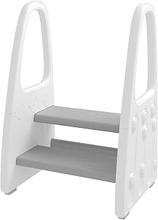 Toddler Step Stool for Bathroom Sink, Kids Two Step Stool for Toilet Potty Training and Kitchen Counter, Children Step Up Learning Helper Tower with Safety Handles and Non-Slip Pads,Gray