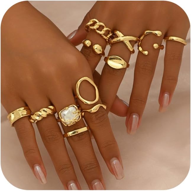 Chunky Yellow Stackable Rings Set for Women,Vintage Knuckle Rings Dainty Hollow Carved Joint Finger Midi Rings Pack Adjustable Signet Mixed Size