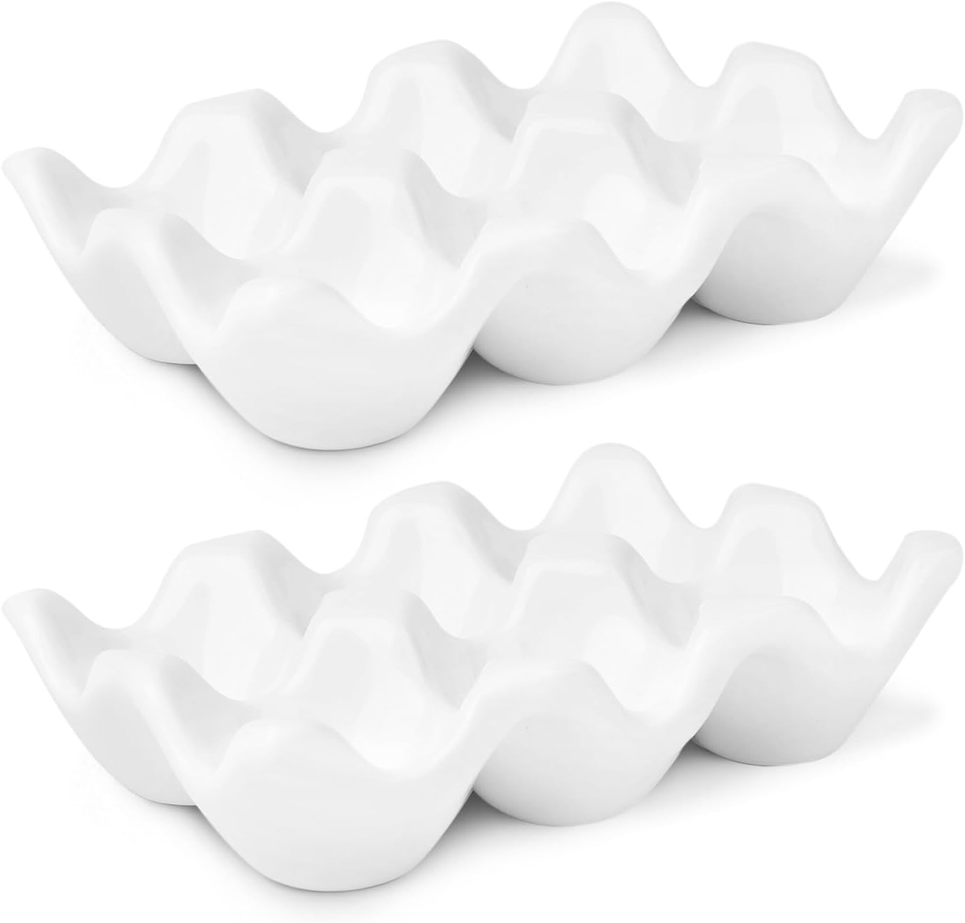 Flexzion Porcelain Egg Crate - 6 Capacity Ceramic Tray, Half Dozen Holder, White Decorative Serving Dish and Storage Organizer, 2 Pack