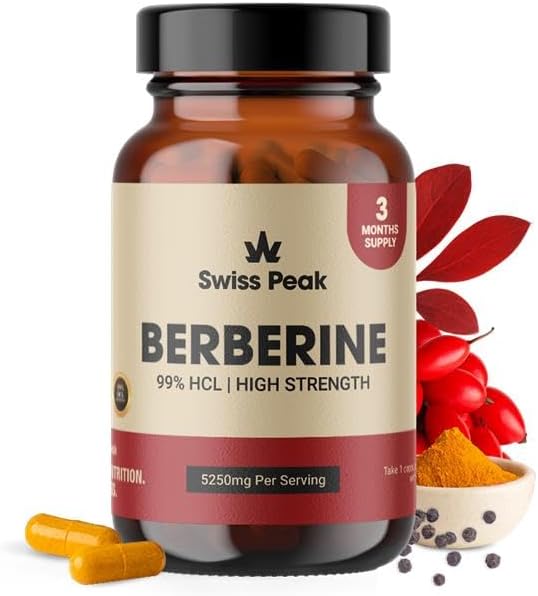 Berberine 5250mg Per Serving, High Strength 99% HCL, Enhanced with Ceylon Cinnamon & Black Pepper Extract, 90 Vegan Capsules, 3 Month Supply, UK Made, Non-GMO, Gluten Free