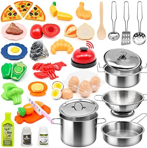 37Items 59Pcs Kids Pretend Play Kitchen Accessories Set, Stainless Steel Play Pots and Pans Sets for Kids, Cooking Utensils, Play Food Pizza Knife Kitchen Playset Toys Gift for Boys Girls Toddlers 3+
