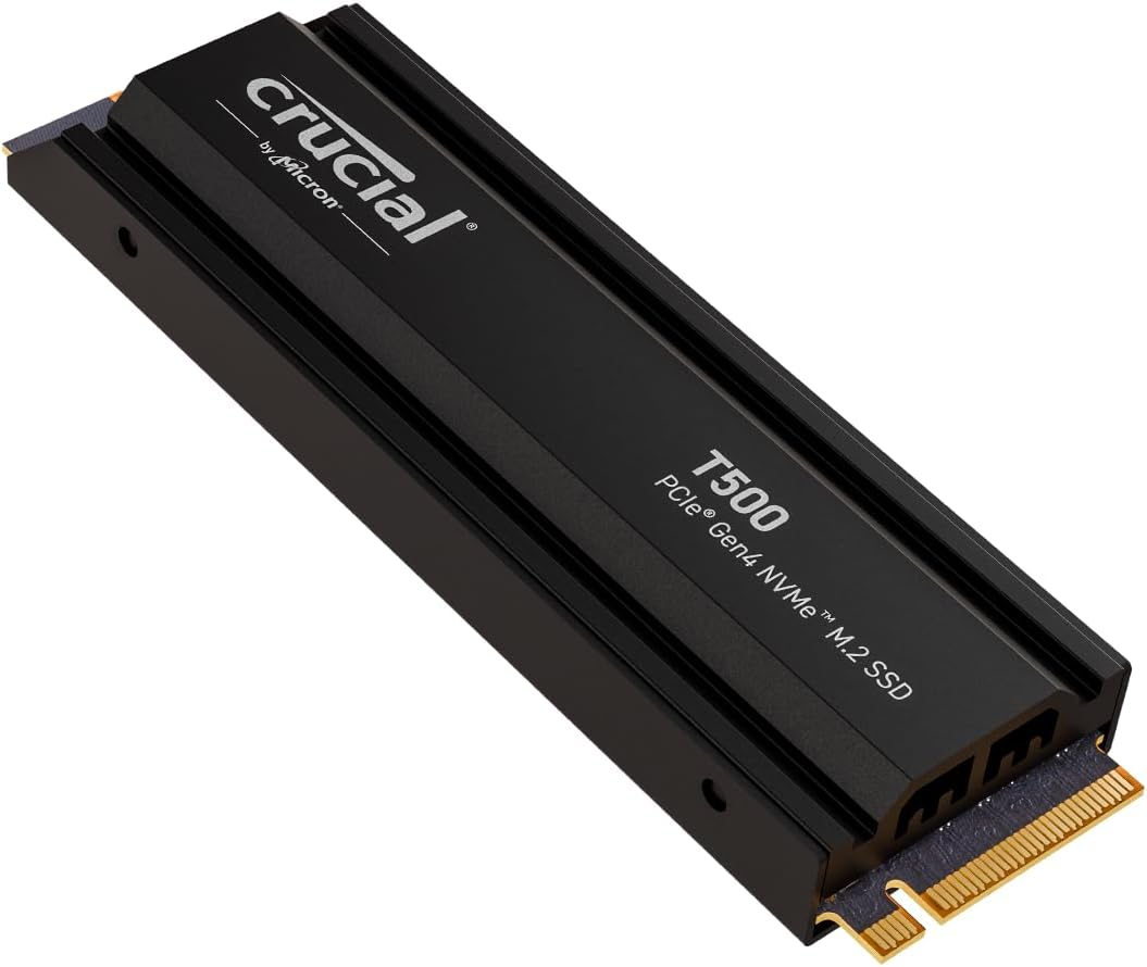 Crucial T500 1TB PCIe Gen4 NVMe Gaming PS5 SSD with Heatsink, Up to 7,300MB/s, TLC NAND, PlayStation 5 Compatible, Laptop, & Desktop (PC), Solid State Drive, Includes 1Mo Adobe CC – CT1000T500SSD5