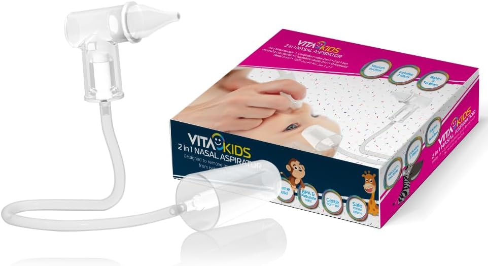 Vitakids 2-in-1 Nasal Aspirator Gentle Mucus Removal for Babies & Infants | Dual Action: Manual & Vacuum | Essential Baby Nose Sucker