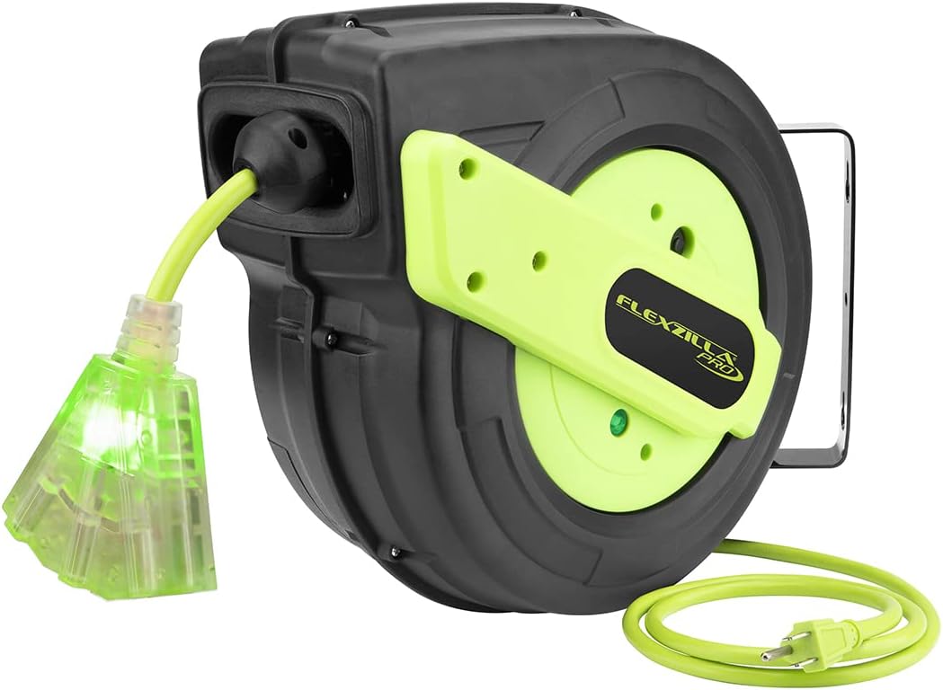 Flexzilla Retractable Extension Cord Reel, 12/3 AWG SJTOW Cord, 60', Grounded Triple Tap Outlet, ZillaGreen, FZ8120603