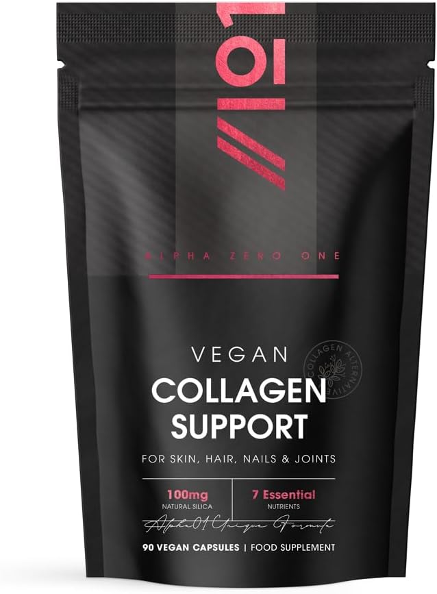 Vegan Collagen Supplements for Women & Men - High Strength 90 Capsules (3 Months Supply) - with Biotin, Lysine, Bamboo Silica, Zinc, Vitamin C, E & A - by Alpha01