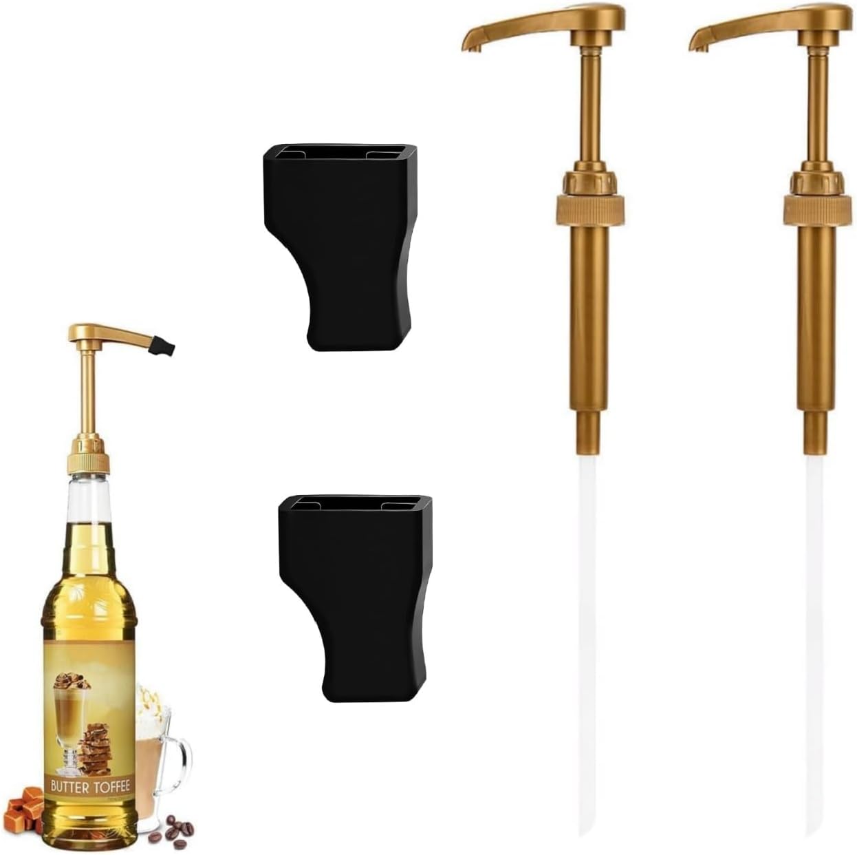 2-Pcs Universal Syrup Pump Dispenser & 2 Tip Covers for Coffee & Cocktail Bottles - Easy-Clean Durable Liquid Pump Fits 750ml/1 Litre Bottles (Torani, DaVinci,Monin) - Barista & Kitchen Accessories