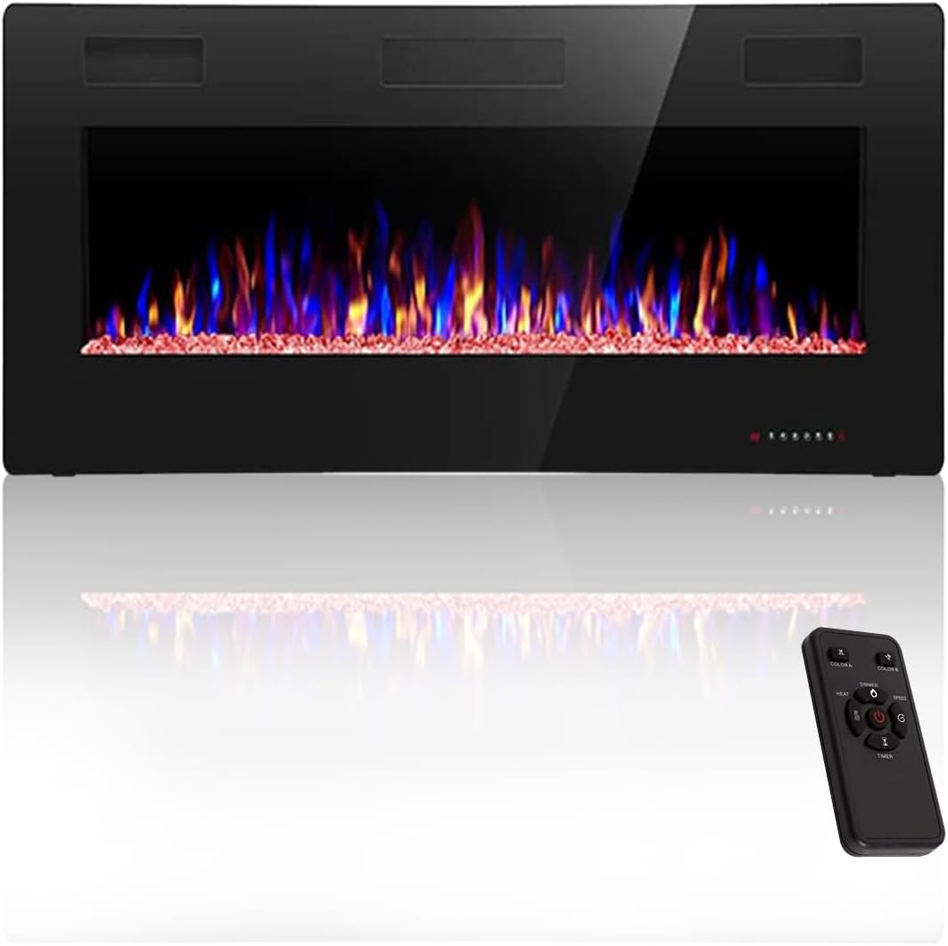 Crzoe Electric Fireplace, Recessed and Wall Mounted Fireplace Heater with Remote Control, Timer, Adjustable Flame Color and Speed, 750w/1500w Electric Fireplace Inserts