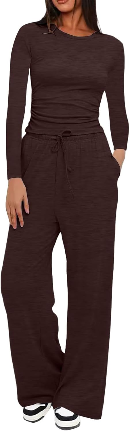 Two Piece Sets for Women Tracksuit Full Set Long Sleeve Tops Drawstring Elasticized Waist Wide Leg Trousers Casual Lounge Wear Co Ord Sets Matching Activewear Gym Sets