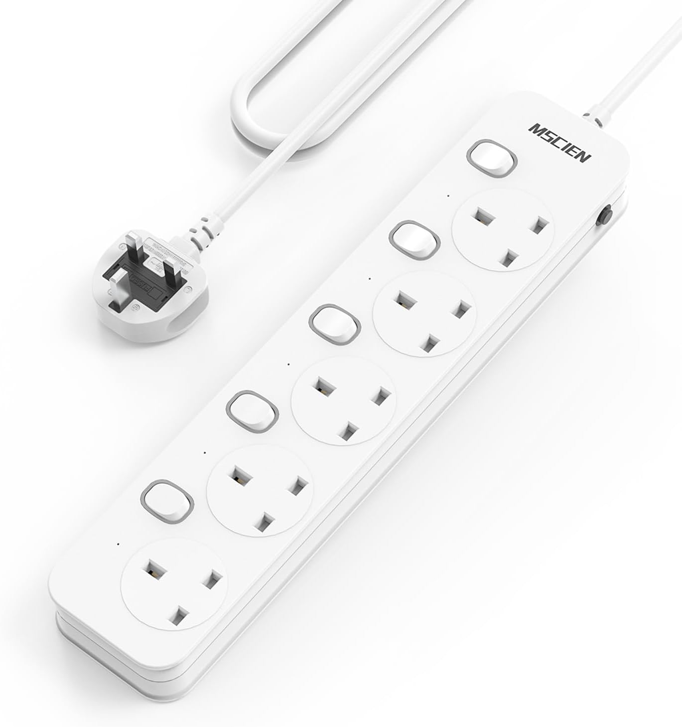 Mscien 4M Extension Lead 5 Way Plug Sockets with Individual Switches, Overload/Surge Protection Wall Mountable Power Strip 4Metre Extension Cable 13A/3250W
