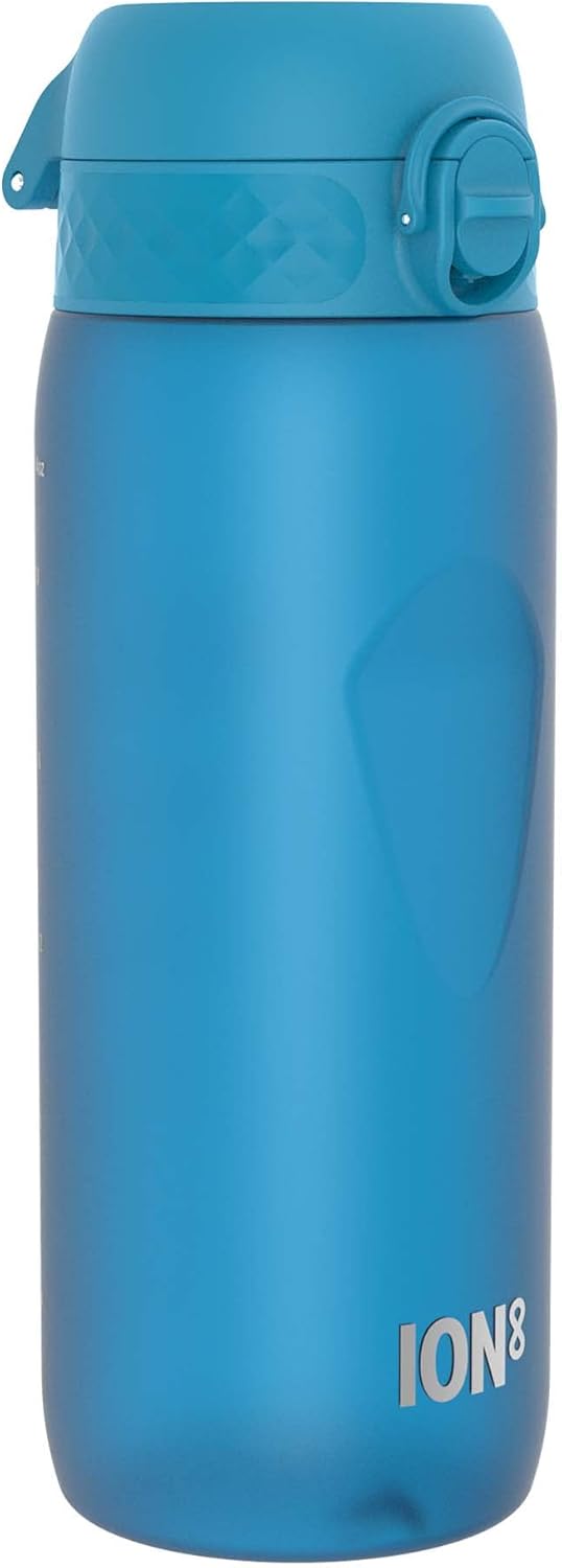 Ion8 Water Bottle, 750 ml/24 oz, Leak Proof, Easy to Open, Secure Lock, Dishwasher Safe, BPA Free, Flip Cover, Carry Handle, Soft Touch Contoured Grip, Easy Clean, Odor Free, Carbon Neutral, Blue