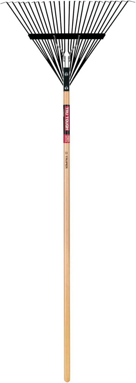 Truper 30480 Steel Leaf Rake 24 Tines - 24-Inch Head, 54-Inch Wood Handle - Garden Rakes Metal Heavy Duty - Yard Rakes - Lawn Rake for Leaves and Grass