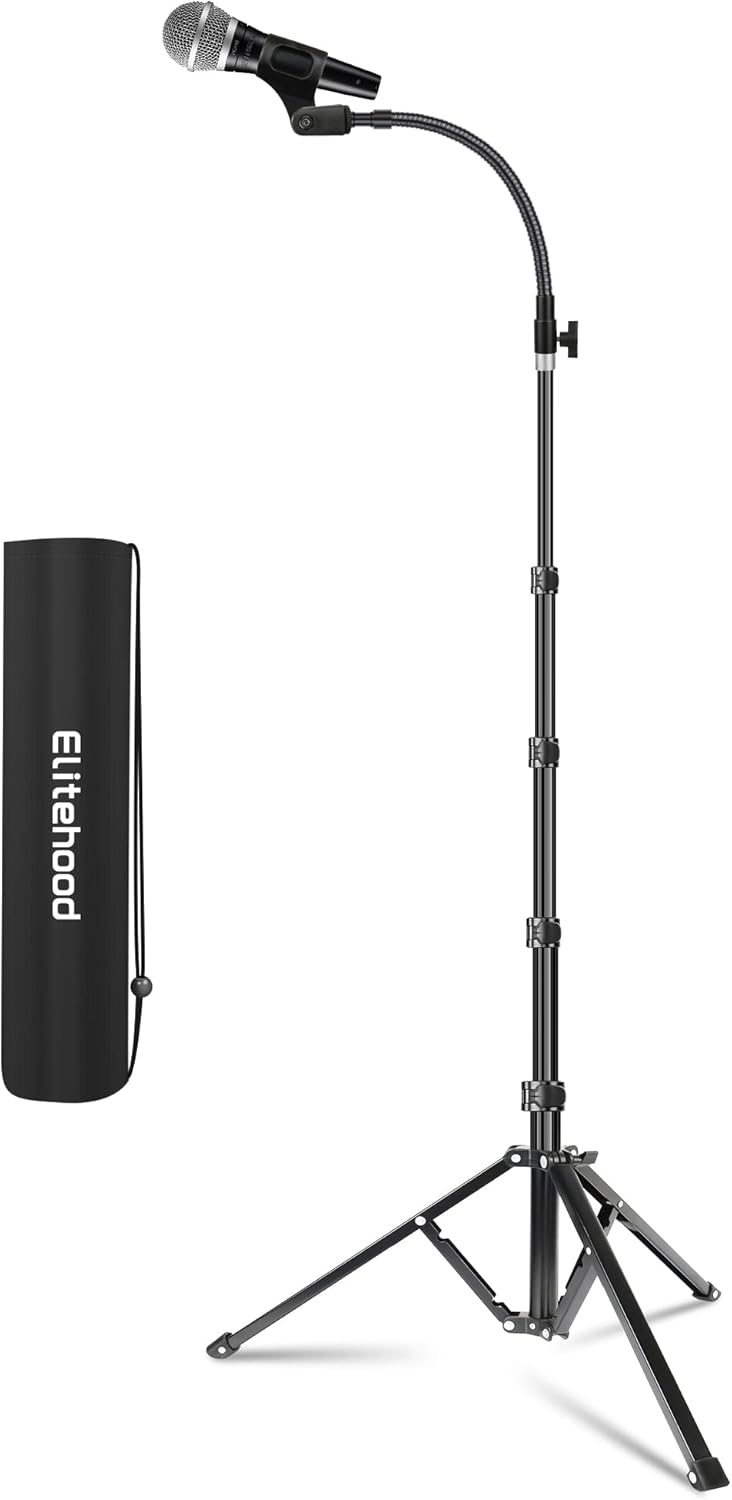 Elitehood Aluminum Foldable Microphone Stand, 82’’ Tall & Height Adjustable Mic Stand Boom, Microphone Tripod Stand with Mic Clip Holder for Singing, Performance, Karaoke, Speech, Stage and Outdoor