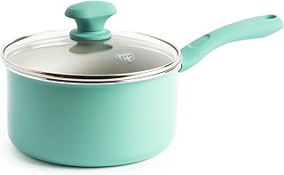 GreenLife Soft Grip Diamond Sandstone Healthy Ceramic Nonstick, 2QT Saucepan Pot with Lid, PFAS-Free, Dishwasher Safe, Turquoise and Cream