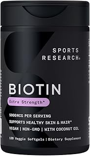 Sports Research Vegan Biotin 5000mcg with Organic Coconut Oil - Extra Strength Biotin Vitamin B7 for Healthier Hair & Skin + Keratin Support - Non-GMO & Gluten Free, 120 Softgels (4 Month Supply)