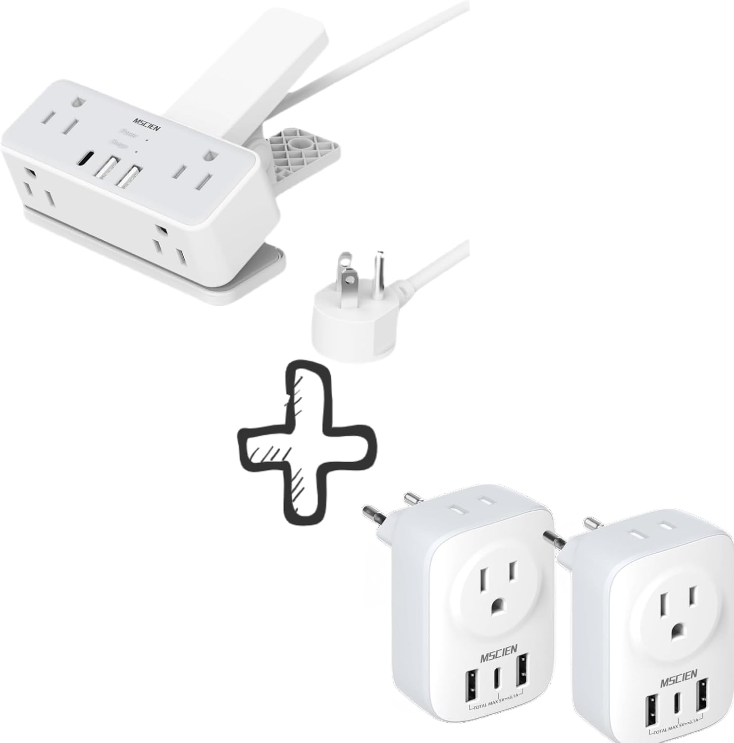 Desk Clamp Power Strip and European Travel Plug Adapter 2 Pack, Desk Power Strip White and Travel Adapter for Europe, Extension Cord 6 Ft and International Plug Adapter,