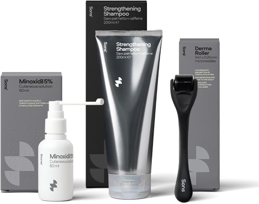 Sons Minoxidil 5%, Strengthening Shampoo and Dermaroller for Men. Hair Regrowth Treatment. Hair Growth Shampoo With Caffeine. Thickening, Anti-Dandruff, DHT Blocker. 1 Month Supply. Made in Europe.