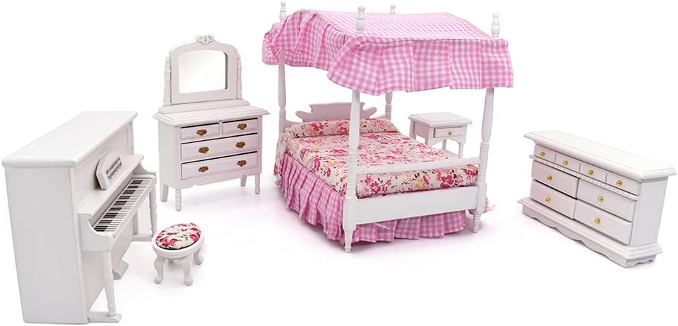 iLAND Wooden Dollhouse Furniture on 1/12 Scale for Girls of Pink Dollhouse Bedroom Set w/Piano (Sweet Doll Furniture 6pcs)