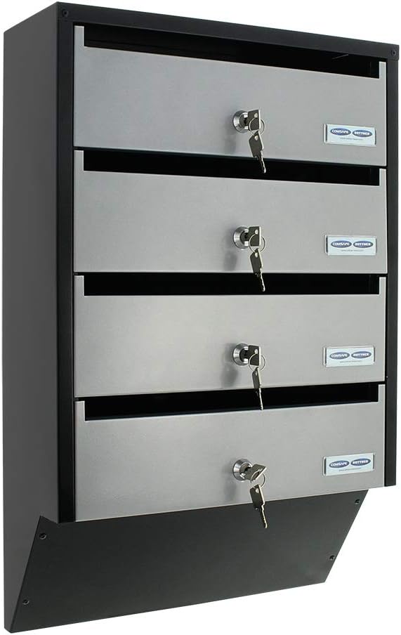 Rottner Depot 4 Letterbox System Silver Black Steel Plate Name Tag Holder Cylinder Lock 2 Keys Each for 4 Units Mounting Materials