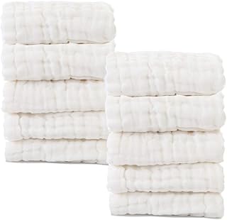 MUKIN Baby Washcloths - Natural Cotton Baby Wipes - Soft Newborn Baby Face Towel for Sensitive Skin- Baby Registry as Shower, 10 Pack 12x12 inches (White)