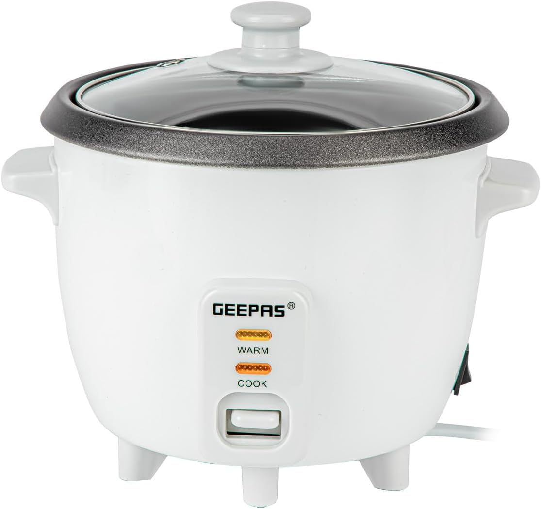 Geepas Rice Cooker, 0.6L | Electric Rice Cooker with Keep Warm Function, Automatic Cooking, Non-Stick Inner Pot | Includes Measuring Cup, Spatula & Glass Lid | 300W, 2 Year Warranty