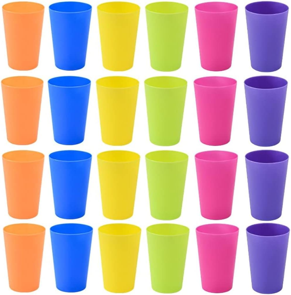 KAHEIGN 24Pcs Reusable Plastic Cups, 250ml Children’s Kids Durable Plastic Drinking Cups Tumblers Set for Kitchen Outdoor Parties Picnics BBQ’s Travels (6 Bright Colors)