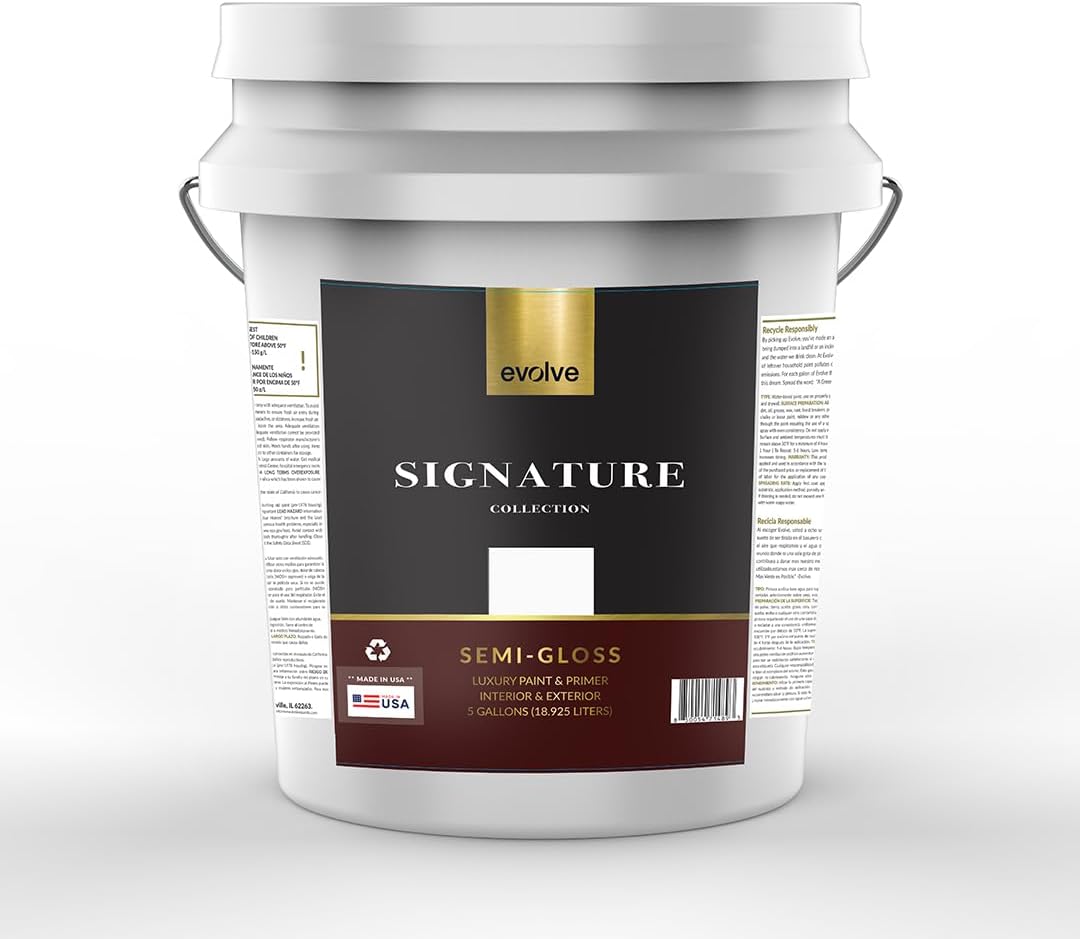 EVOLVE Signature Paint & Primer: Luxury Paint & Primer for Indoor & Outdoor Surfaces, Minimal Odor, One-coat Coverage, Semi-Gloss Sheen - Ivory White, 5 Gallon