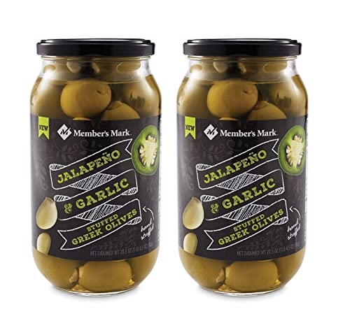 Jalapeno and Garlic Hand Stuffed Large Olives - 2 Glass Jars Drained NT. WT (20.5 oz.) each , By Member's Mark