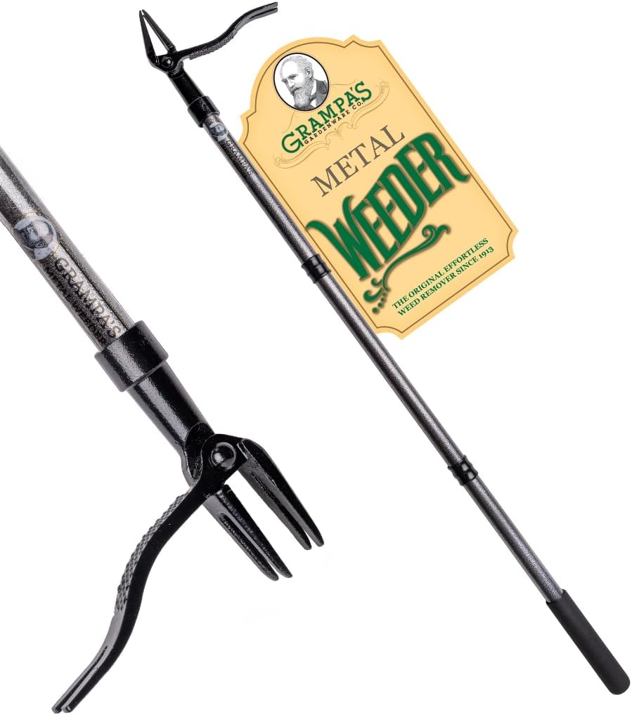 Grampa's Metal Weeder - Stand Up Weed Puller Tool with Steel Long Handle - Made with All Steel Handle & 4-Claw Steel Head - Easily Remove Weeds Without Bending, Pulling, or Kneeling (Black)