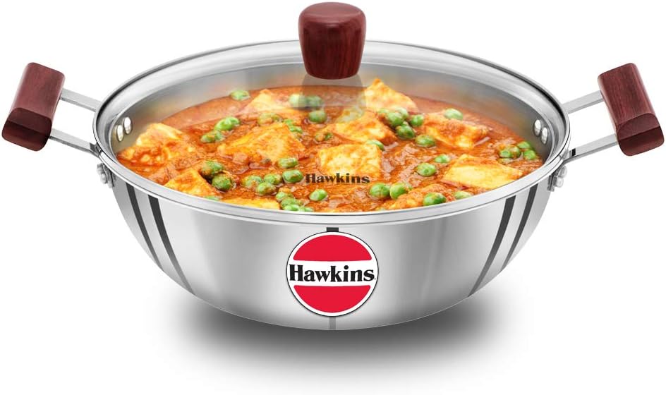 Hawkins Tri-Ply Stainless Steel Induction Compatible Deep Kadhai (Deep-Fry Pan) with Glass Lid, Capacity 4 Litre, Diameter 28 cm, Thickness 3 mm, Silver (SSK40G)