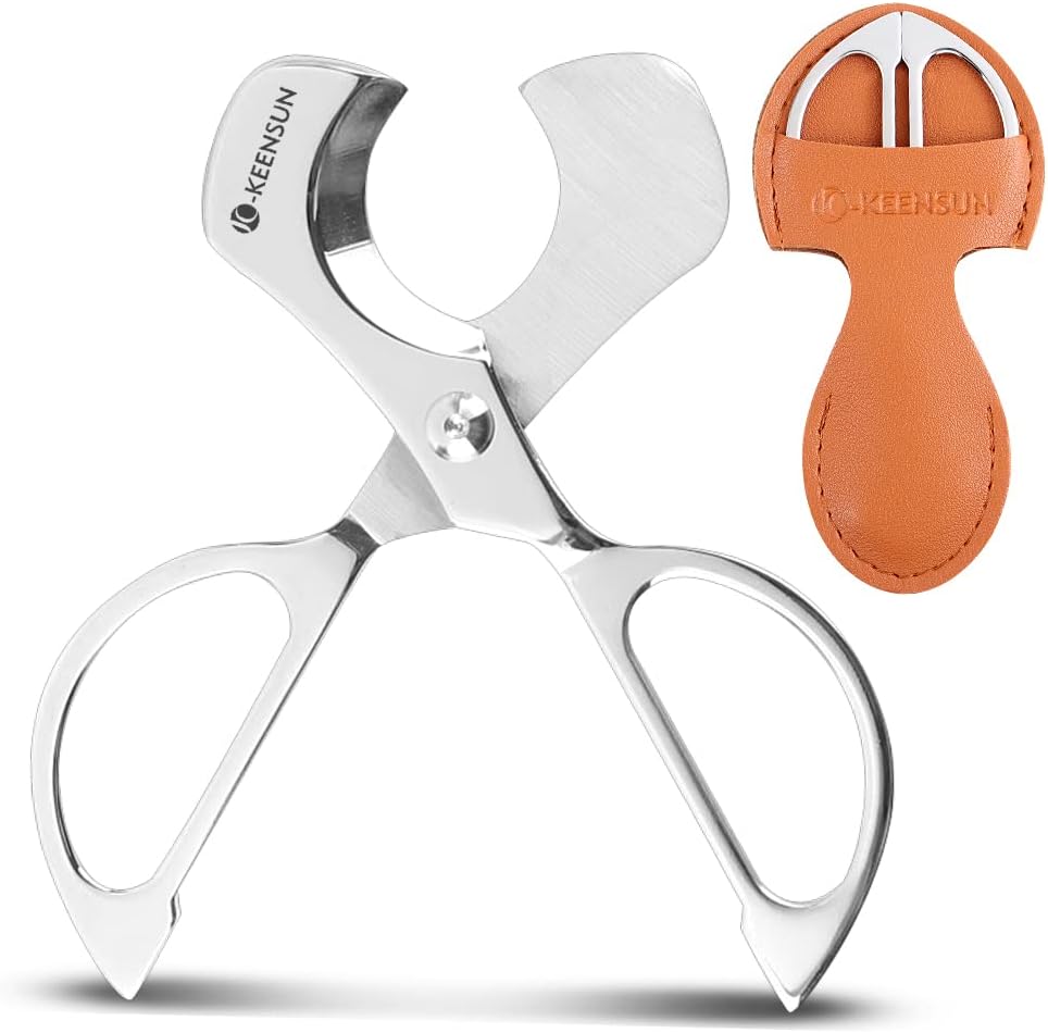 KEENSUN Cigar Scissors Cutter, Stainless Steel Guillotine Double Blade Straight Cut Scissors (Silver) with Leather Case Cigar Accessories for Cigars(2.09" Handle Width)