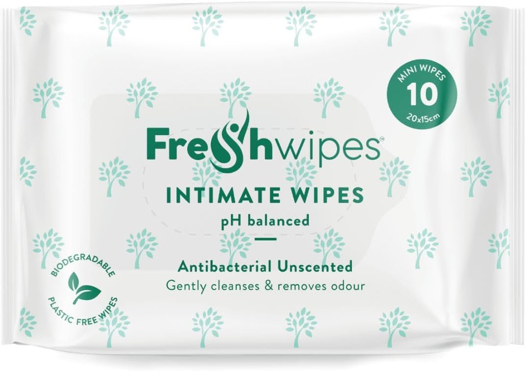 FreshWipes Unscented Intimate Hygiene Wipes 1 Pack (10 Wipes) - Antibacterial & Biodegradable Wet Wipes for Women & Men - Odour Removing & pH Balanced for Sensitive Skin - Dermatologically Tested