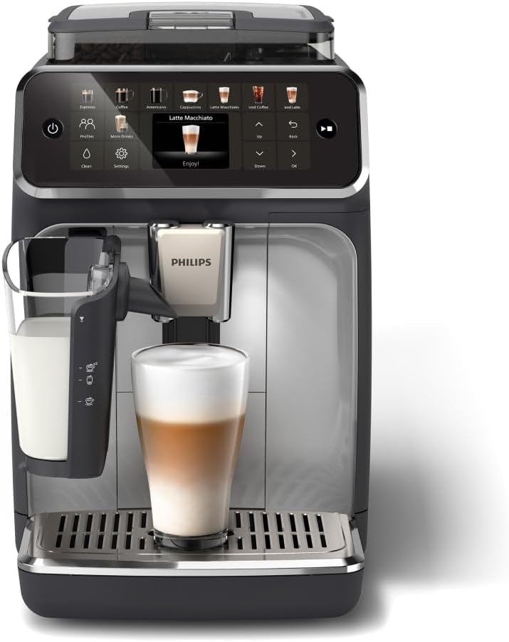 Philips 5500 Series Fully Automatic Espresso Machine – 20 Hot & Iced Coffees, Quick-to-Clean LatteGo Milk System, 40% quieter with SilentBrew, Less waiting with QuickStart, Black, Silver (EP5546/70)